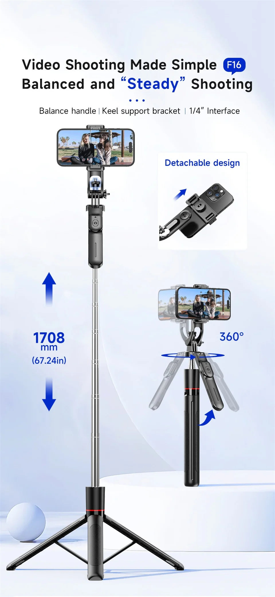 MEUYAG 1708mm Long Selfie Stick Tripod – 3-in-1 Monopod with Fill Light & Bluetooth Remote
