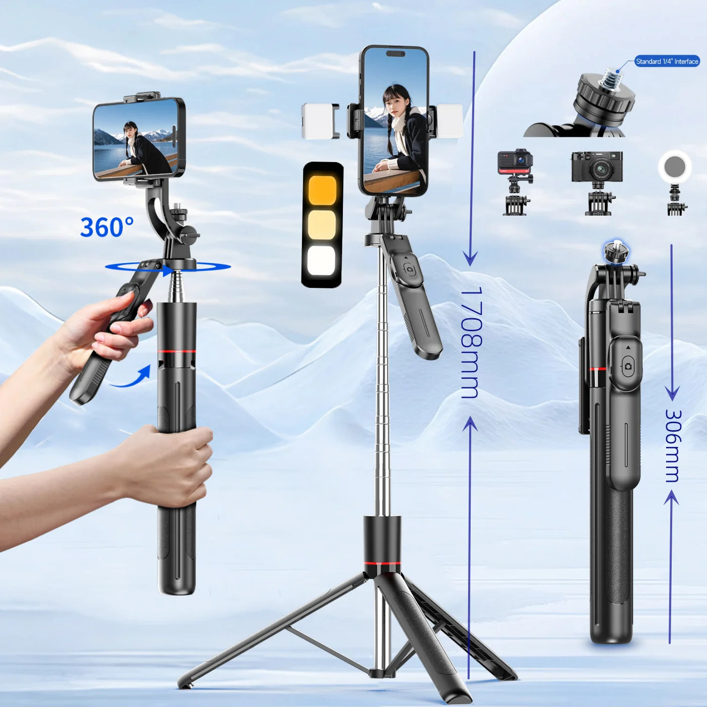 MEUYAG 1708mm Long Selfie Stick Tripod – 3-in-1 Monopod with Fill Light & Bluetooth Remote