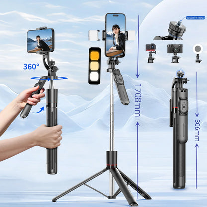 MEUYAG 1708mm Long Selfie Stick Tripod – 3-in-1 Monopod with Fill Light & Bluetooth Remote