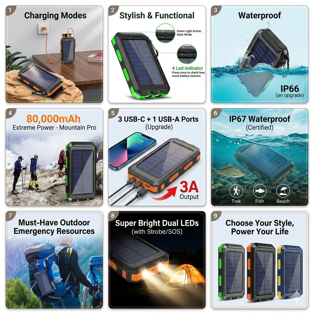 Solar Charging Power Bank 80000mAh—Portable Phone Charger with Powerful LED Light